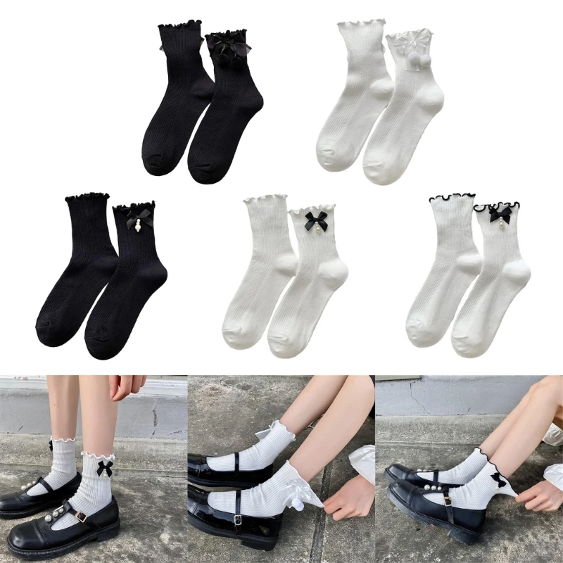 

B36D Harajuku Women Girls Princess Cotton Calf Socks School Student Sweet Pearls Bowknot Frilly Ruffle Trim Anklet Socks