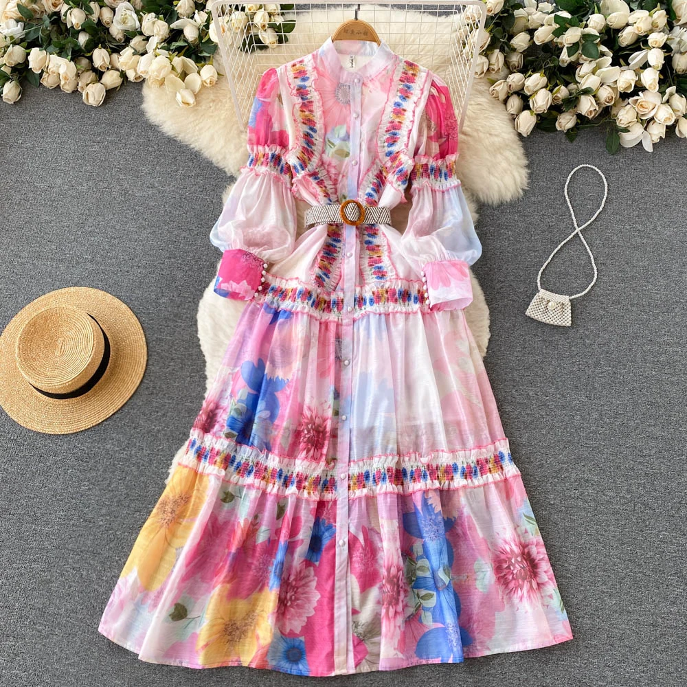 Ethnic Style Lantern Sleeve Elegant Women Long Dresses With Belt 2024 New Spring Summer Single Breasted O-neck Printed Dress
Ethnic Style Lantern Sleeve Elegant Women Long Dresses With Belt 2024 New Spring Summer Single Breasted O-neck Printed Dress