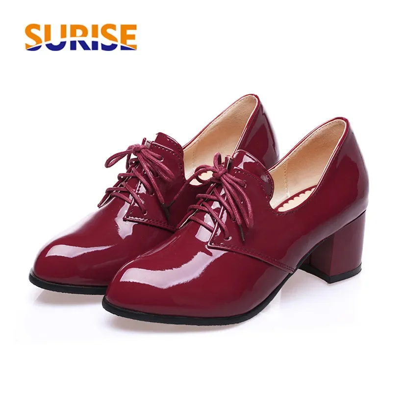 

Plus Size Spring Autumn Women Derbies Red Patent Leather Block Heels Pointed Toe Brogues Casual Dress Oxfords British Lady Pumps