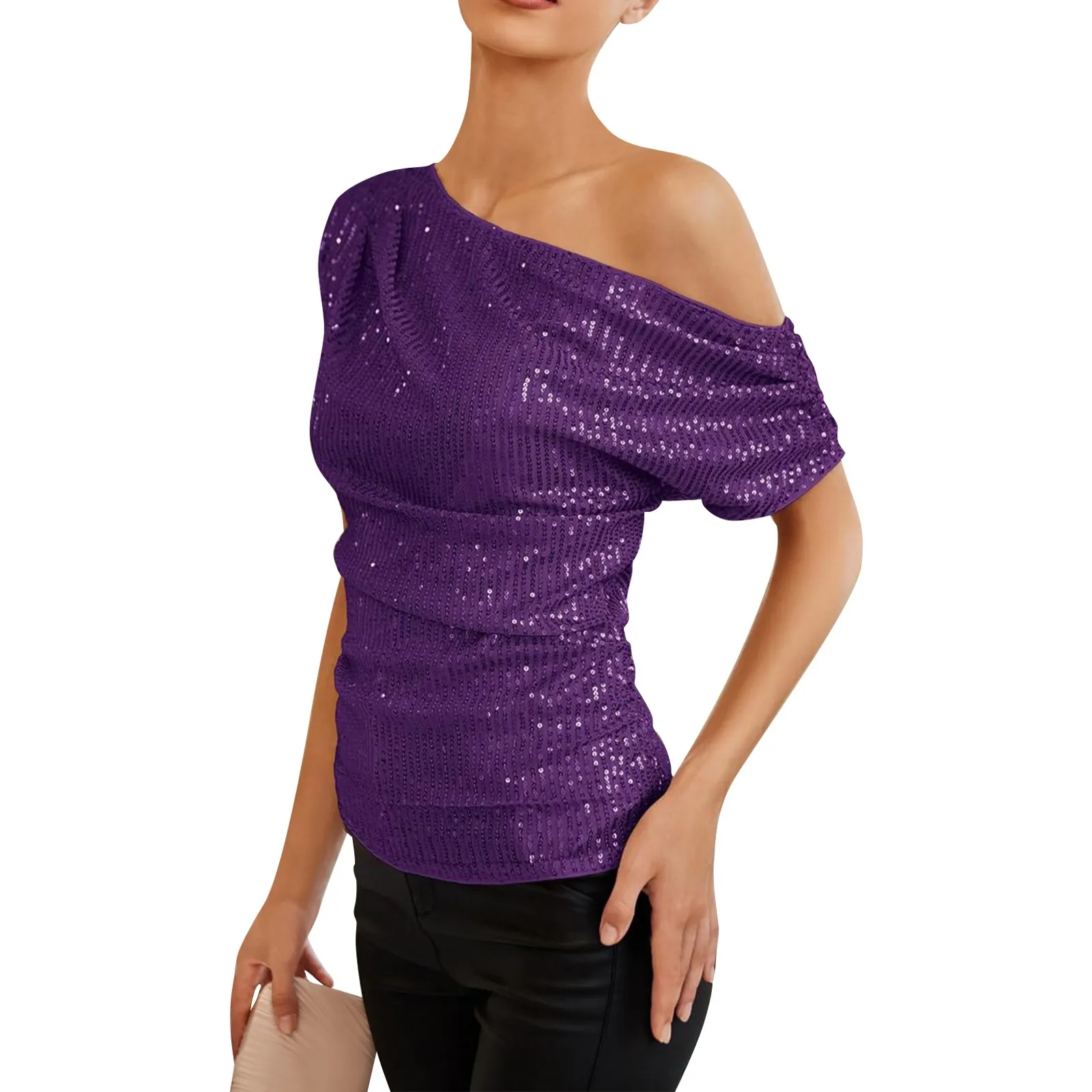 

Женский Повседневный модный пикантный плиссированный топ на одно плечо с блестками и коротким рукавом женская модная блузка 2024 футболка для женщин Y2k одежда