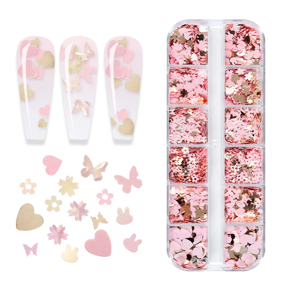 12 Grids Pink Gold Nail Art Sequins Sweet Heart Glitter Powder Manicure Butterfly Nail Flakes Festival Decoration Tools
12 Grids Pink Gold Nail Art Sequins Sweet Heart Glitter Powder Manicure Butterfly Nail Flakes Festival Decoration Tools