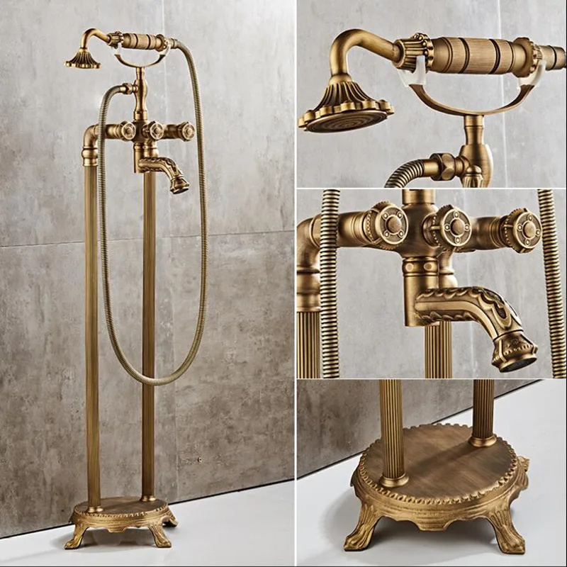 

Tuqiu Floor standing Carved Bathtub Faucet Tub Filler Fashion Antique Brass Floor Mount with Hand shower Bathtub Mixer Taps
