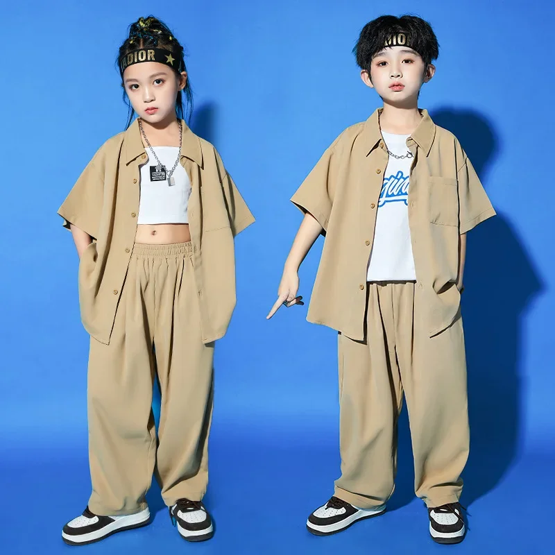 

Modern Kpop Outfit Kids Hip Hop Clothing Jazz Dance Costume Khaki Shirts Pants Girls Concert Performance Clothing Boys BL8822