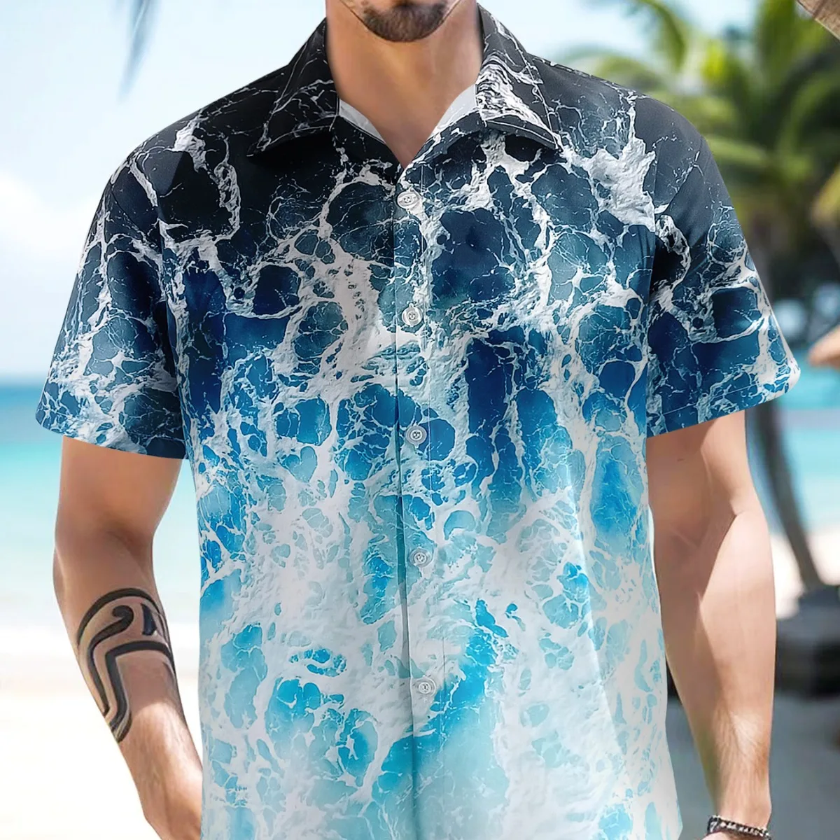 

Hot Sale Korean Popular Clothes Hawaiian Blossom Shirt Men's Gradient Print Loose Beach Vacation Short Sleeve Shirt US Size