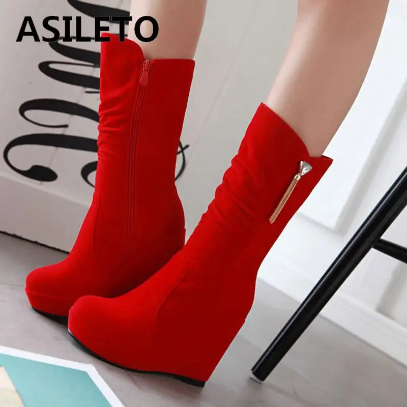 

ASILETO Fashion Women Mid Calf Boots Round Toe Wedges 11cm Platform 3cm Zipper Metal Decoration 42 43 Sexy Wedding Female Bota