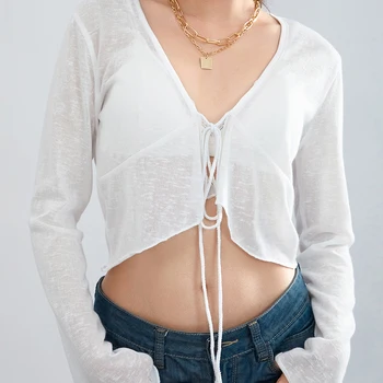 Desfile a Elegância na Primavera com o Cardigã Tricô Listrado da Sweet and Fresh S Home 12 Women s Cute Knitted Crop Top V Neck Long Sleeved Flared Cuff Tie Up Front Sexy Loose Fit E Girl Cardigan T-Shirts