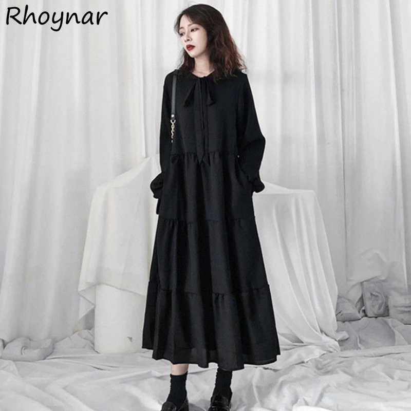 

Black Midi Dresses Women Loose Temper Vintage Gothic French Style Casual Autumn Vestidos De Mujer Party Gentle Aesthetic Girls