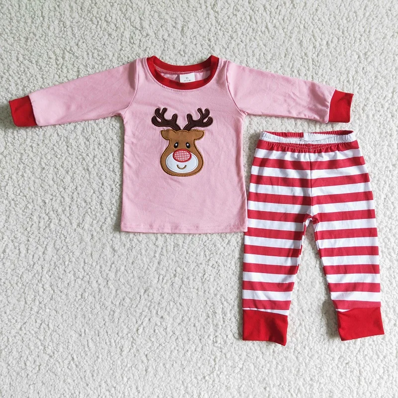 

RTS New Arrivals Fall Fashion Hot Sale Pink Deer Head Embroidered Cotton Striped Pajamas Wholesale Boutique Children Outfit