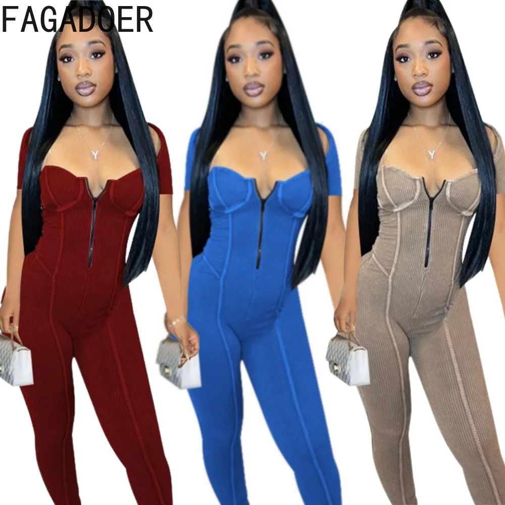 

FAGADOER Fashion Ribber Solid Sporty Bodycon Jumpsuits Women V Neck Short Sleeve Zipper Slim Playsuits Female Elasticity Overall