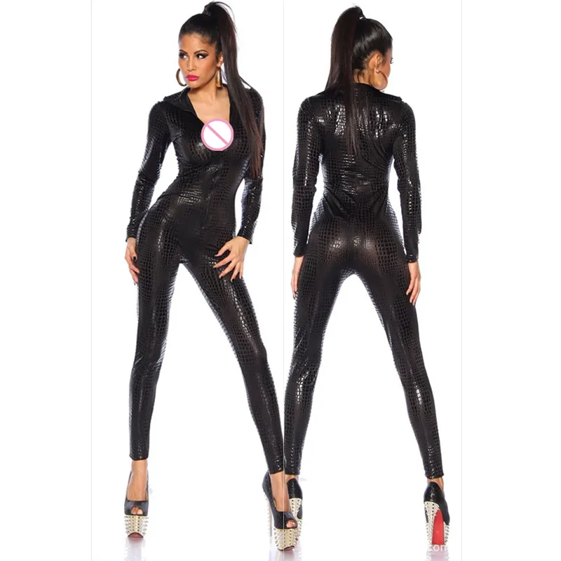 

3 Colors Women Sexy Wet Look Snake Pattern Jumpsuit Nightclub DS Patent Leather Bodysuits Game Uniform