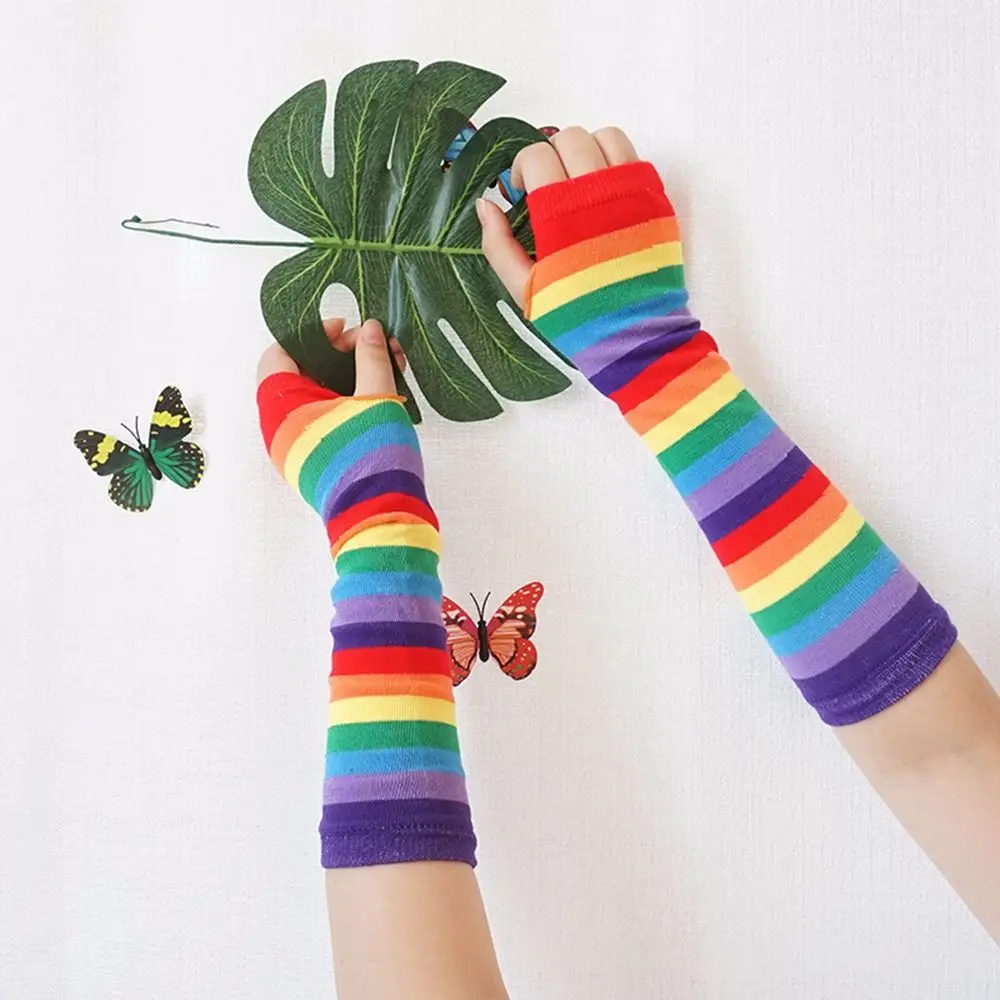 

Outdoor Sun Protective Hand Sleeve Thin Girls Female Arm Warmers Rainbow Sleeve Cuff Knitting Gloves Striped Arm Warmers