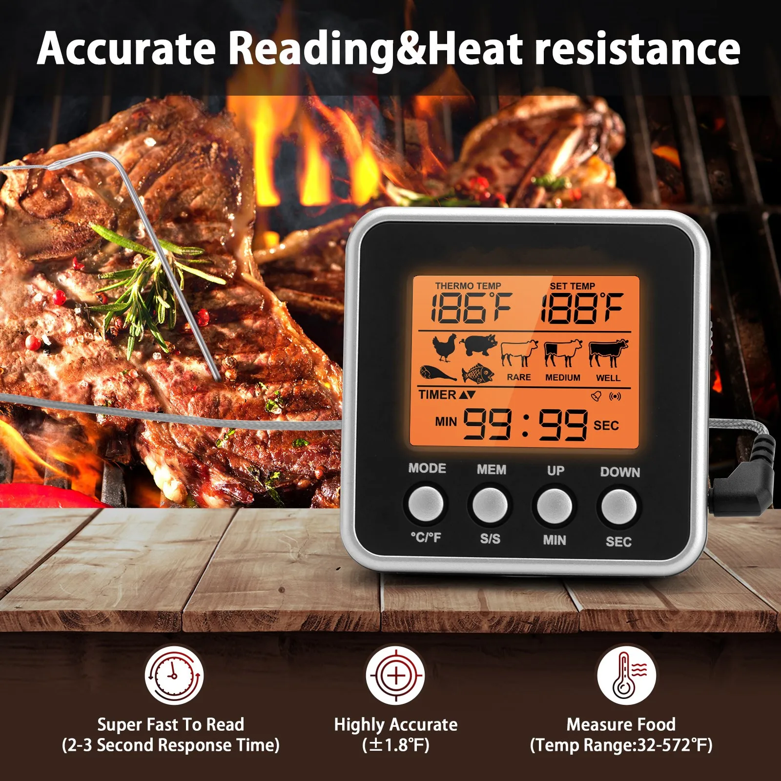 

Цифровой пищевой термометр, термометр для мяса с таймером, кухонный Уличный Термометр для приготовления пищи, духовки, гриля, барбекю