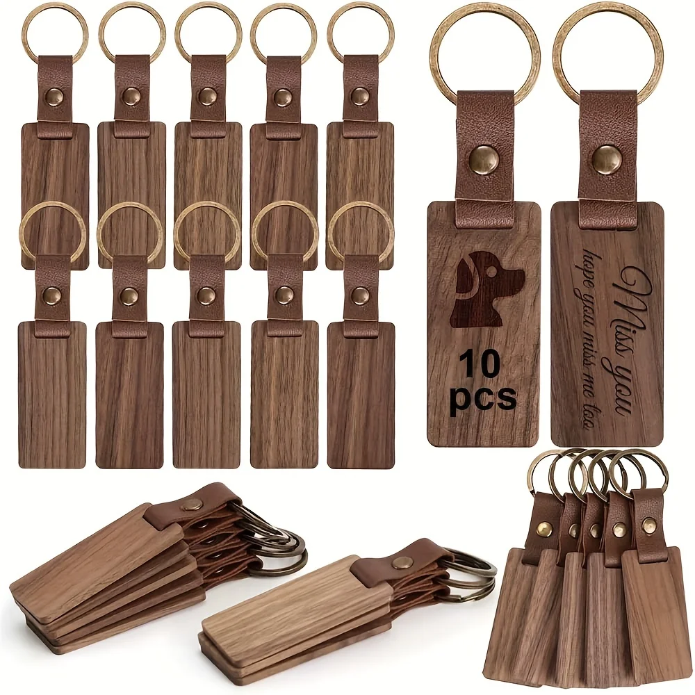 

10 Pieces Leather Wood Keychain Blank with Leather Strap Wooden Keychains for Laser Engraving DIY Various Key Tags