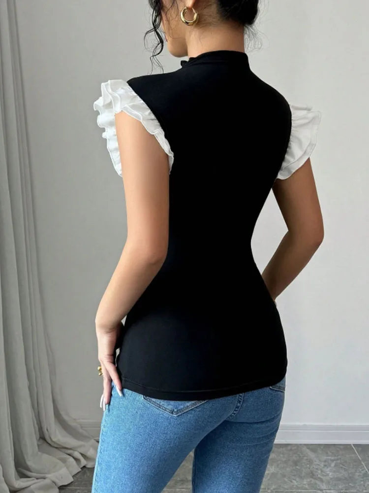 قميص نسائي للربيع والصيف أسود بياقة عالية أبيض مكشكش بدون أكمام ضيق أنيق حلو للاستخدام اليومي عصري قميص نسائي للربيع والصيف أسود بياقة عالية أبيض مكشكش بدون أكمام ضيق أنيق حلو للاستخدام اليومي عصري