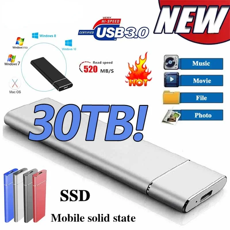 High-speed 30TB 1TB 2TB SSD Portable External Solid State Hard Drive 16TB 8TB USB3.0 Interface 100% Original Mobile Hard Drive
High-speed 30TB 1TB 2TB SSD Portable External Solid State Hard Drive 16TB 8TB USB3.0 Interface 100% Original Mobile Hard Drive