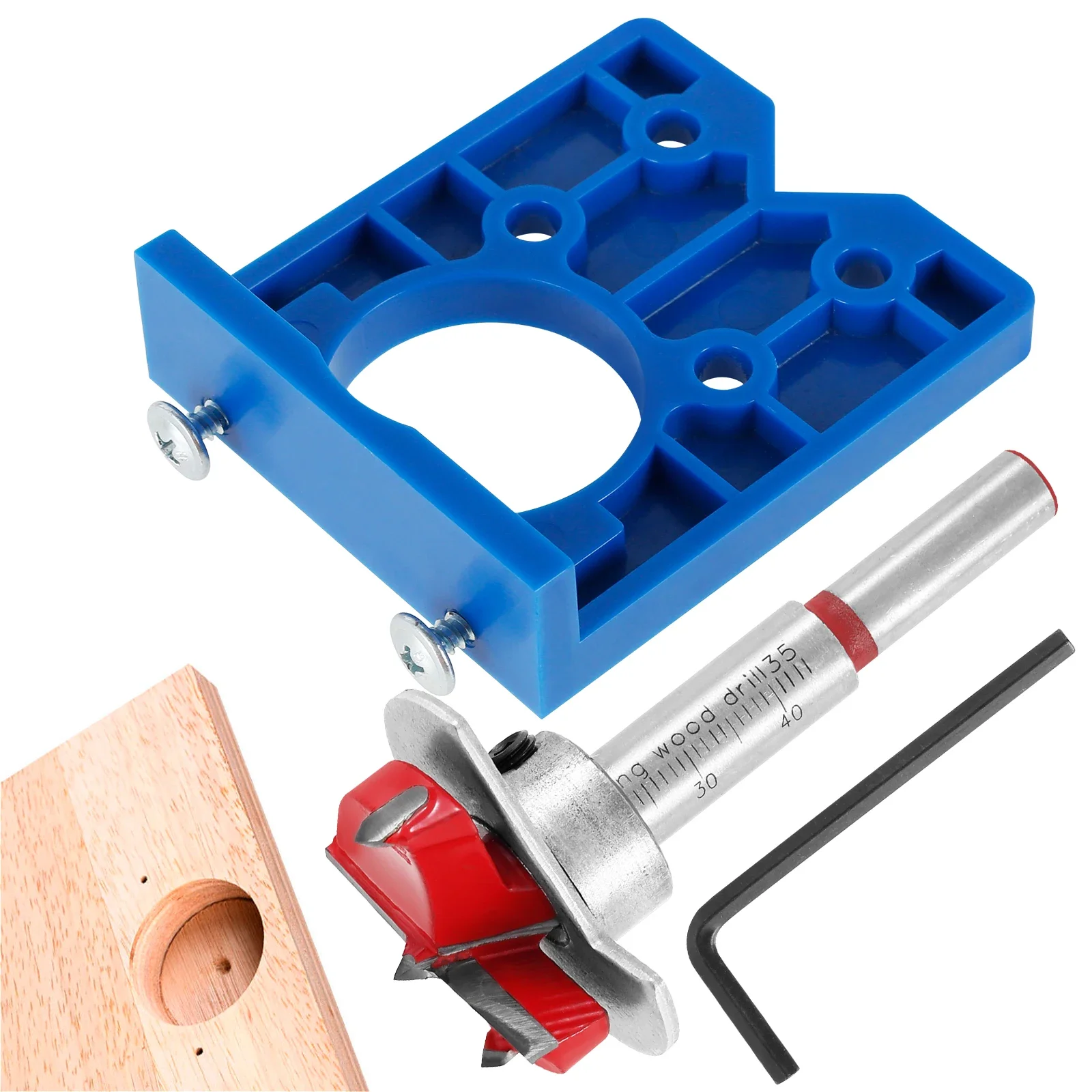 

Concealed Hinge Jig Precision 35mm Hinge Drilling Guide Woodworking Hinge Hole Punching Locator w/ Hex wrench and Adjustable Bit