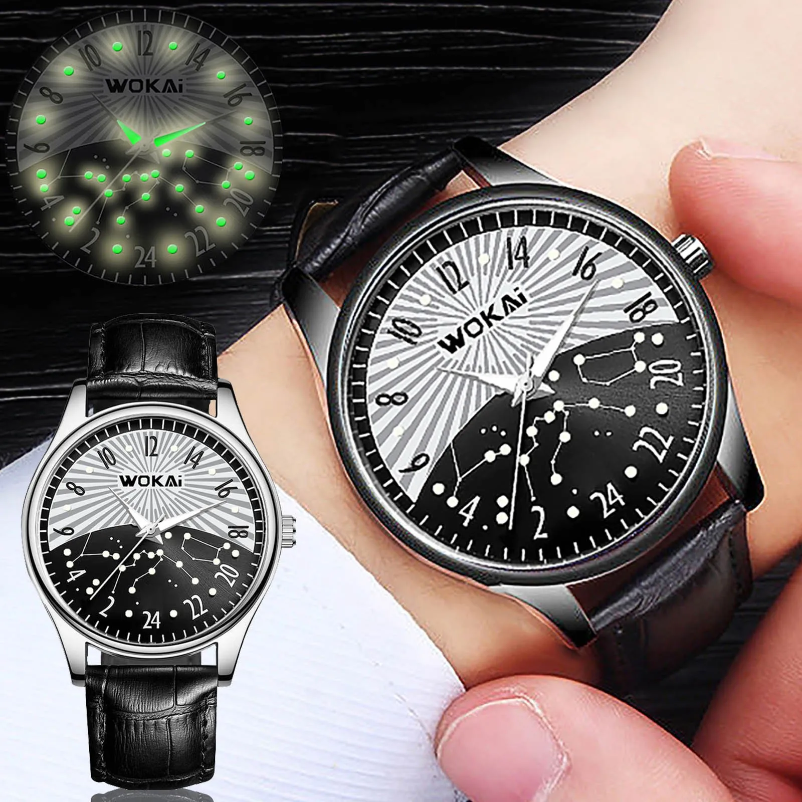 

Men Watches 24-Hour System Day And Night Dial Watch Fashion Leather Strap Watch Luminous Scales Pointer Quartz Watch Reloj