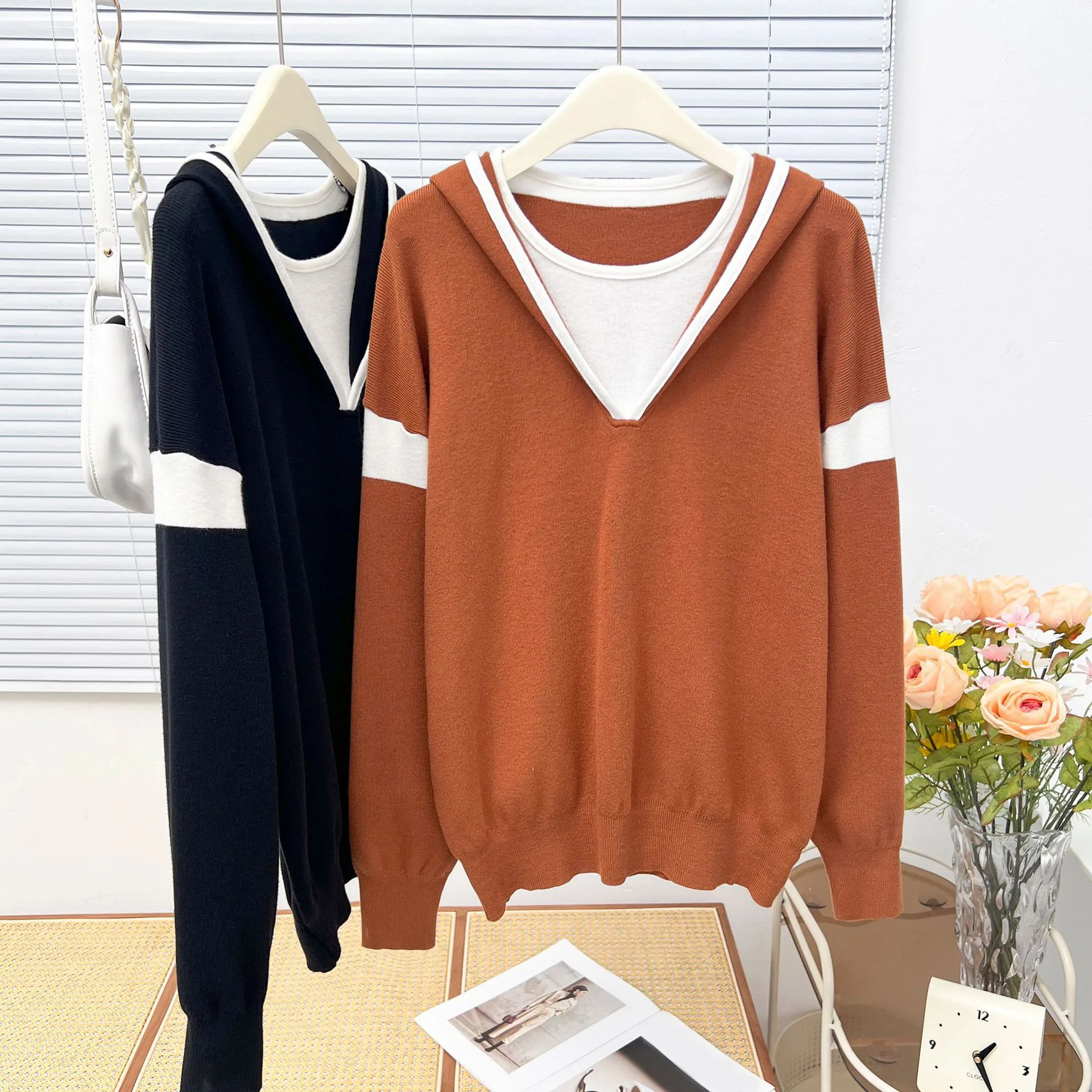 Stylish Hooded Fake Two Piece Sweaters Womens Plus Size Autumn Winter 2023 Casual Clothing Block Color Jumpers Knitted Pullovers
Stylish Hooded Fake Two Piece Sweaters Womens Plus Size Autumn Winter 2023 Casual Clothing Block Color Jumpers Knitted Pullovers