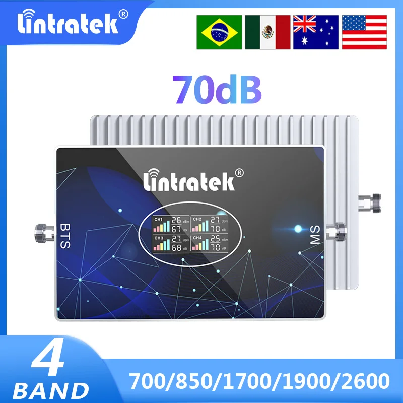 

Lintratek 4 Band Cellular Amplifier B28 700 850 1700 1900 2600 MHz B4 B2 LTE 2G 3G 4G Signal Booster Mobile Phone Repeater 70dB