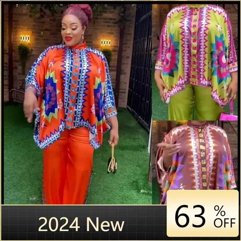 

Африканская одежда для женщин, комплект из 2 предметов, летний Африканский топ с рукавом 3/4 и круглым вырезом и брюки с принтом, подходящие комплекты Дашики, африканская одежда