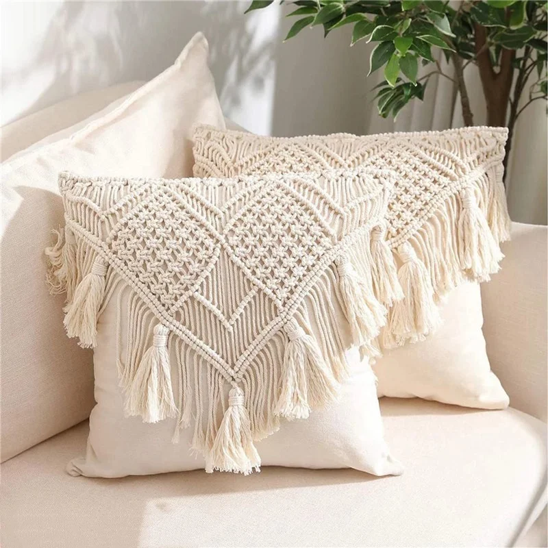 

1PC Cushion Covers Cotton Linen Macrame Hand-Woven Thread Pillow Covers Geometry Bohemia Style Pillowcase Home Decor 45X45cm
