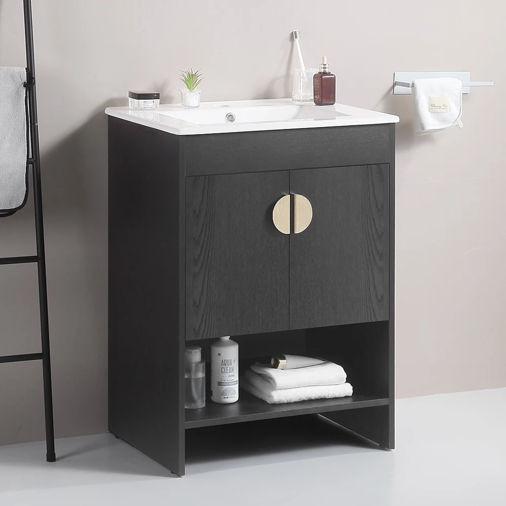 

24" Bathroom Vanity,with White Ceramic Basin,Two Cabinet Doors with black zinc alloy handles,Solid Wood,Excluding faucets,Black