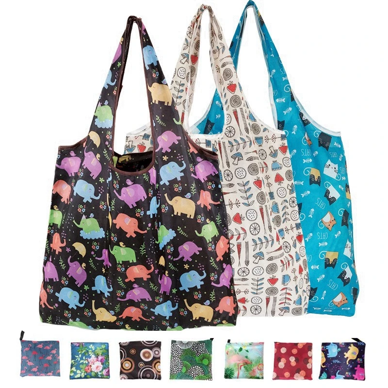 

BYMONDY 2pcs Foldable Polyester Shopping Bag Women Fashion Eco-Friendly Grocery Pouch Large Capacity Female Shopping Tote Bags