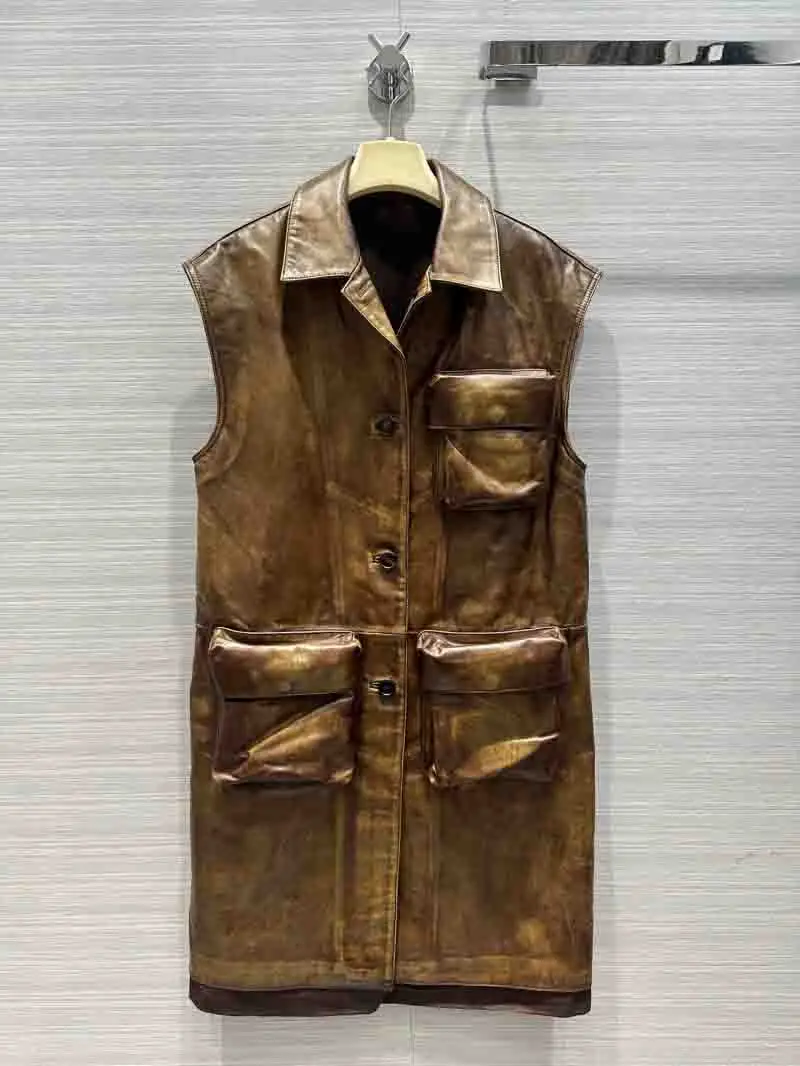 

Street style women's vest, fashionable and western-style workwear with large pockets, vintage distressed lambskin leather jacket