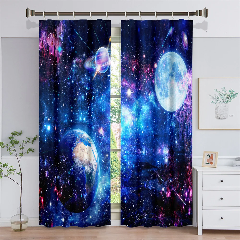 

3D Galaxy Outer Space Universe Nebula Starry Sky Solar Planet 2 Pieces Shading Window Curtain for Living Room Bedroom Decor Hook