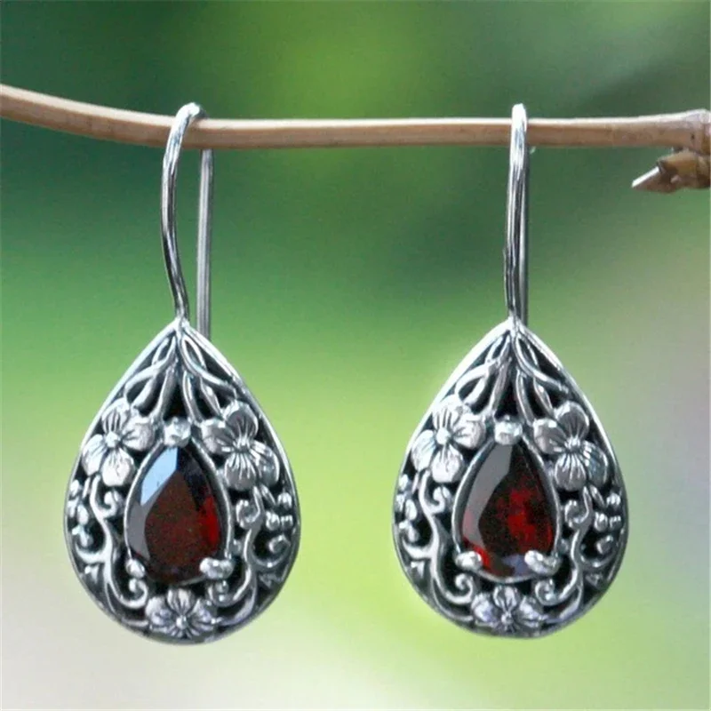 

Solid S925 Silver Natural Ruby Diamond Earring for Women Waterdrop Pear Earrings Carved Red Topaz Gemstone Garnet Earring Female