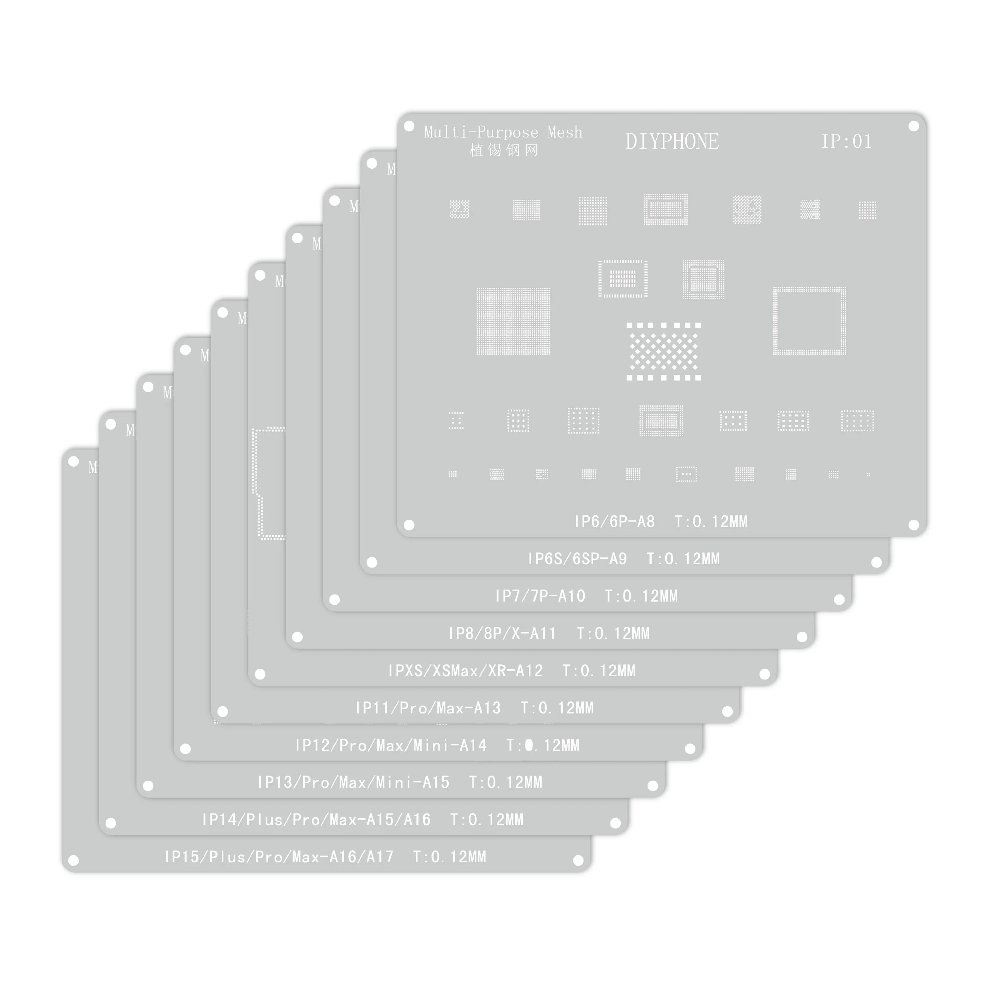 BGA Reballing Stencil Kit for IPhone 6-15 Pro Max Motherboard Chips CPU IC Chip Planting Tin Template Soldering Repair Tools
BGA Reballing Stencil Kit for IPhone 6-15 Pro Max Motherboard Chips CPU IC Chip Planting Tin Template Soldering Repair Tools