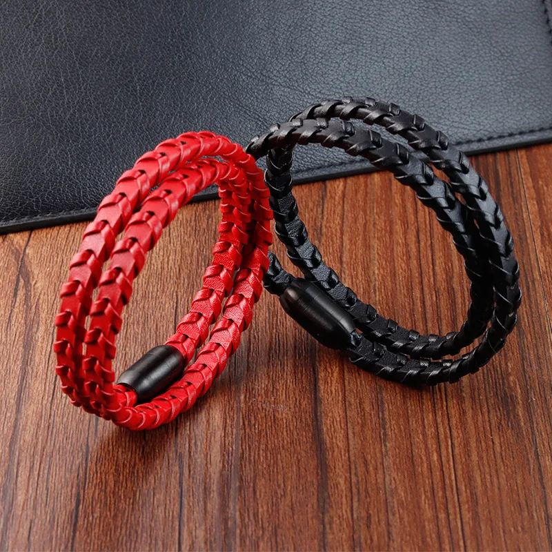 Men's Minimalist Black and Red Leather Braided Stainless Steel Bracelet Handmade Leather Wristband
Men's Minimalist Black and Red Leather Braided Stainless Steel Bracelet Handmade Leather Wristband
