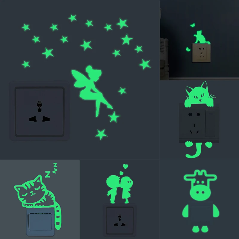 

Luminous Cartoon Switch Sticker Glow In The Dark Cat Sticker Fluorescent Fairy Moon Stars Sticker Kid Room Decoration Home Decor