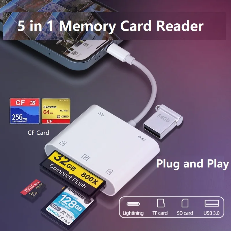 

Lightning to TF SD CF Card Reader for iPhone 5 in 1 Memory Card Reader with Charging Port USB Female OTG Adapter Camera Viewer C