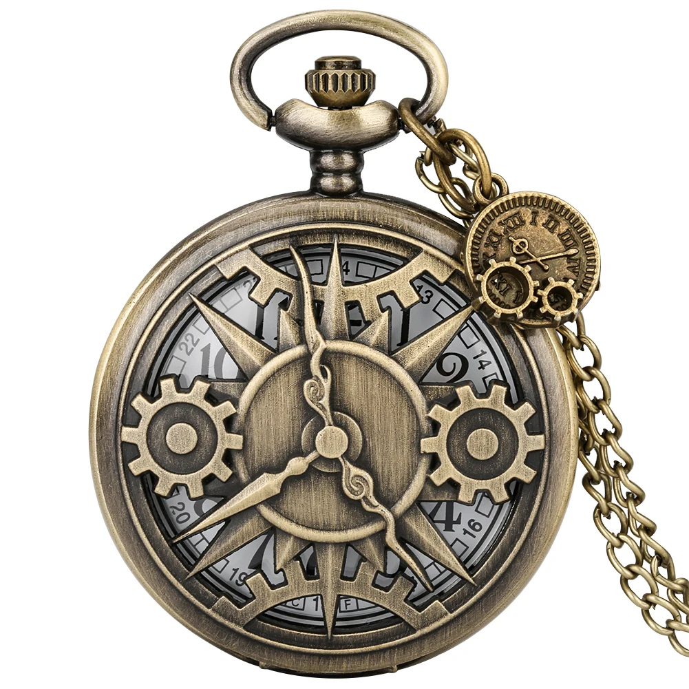 

Steampunk Bronze Pocket Watch with Necklace Quartz Analog Pendant Pocket Clock Gearwheel Pocket Clock Gift Men Women