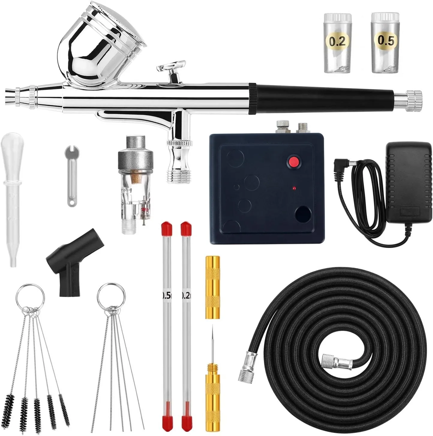 

Joystar Dual Action Mini Air Compressor Airbrush Kit With Spare Nozzle Needle and Airbrush Cleaning Kit for Hobby, Craft