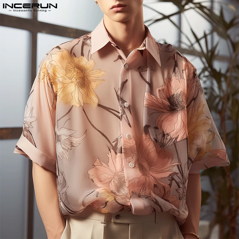 

INCERUN Tops 2024 American Style Mens Fashion Perspective Floral Print Shirts Casual Personality Thin Short Sleeved Blouse S-5XL