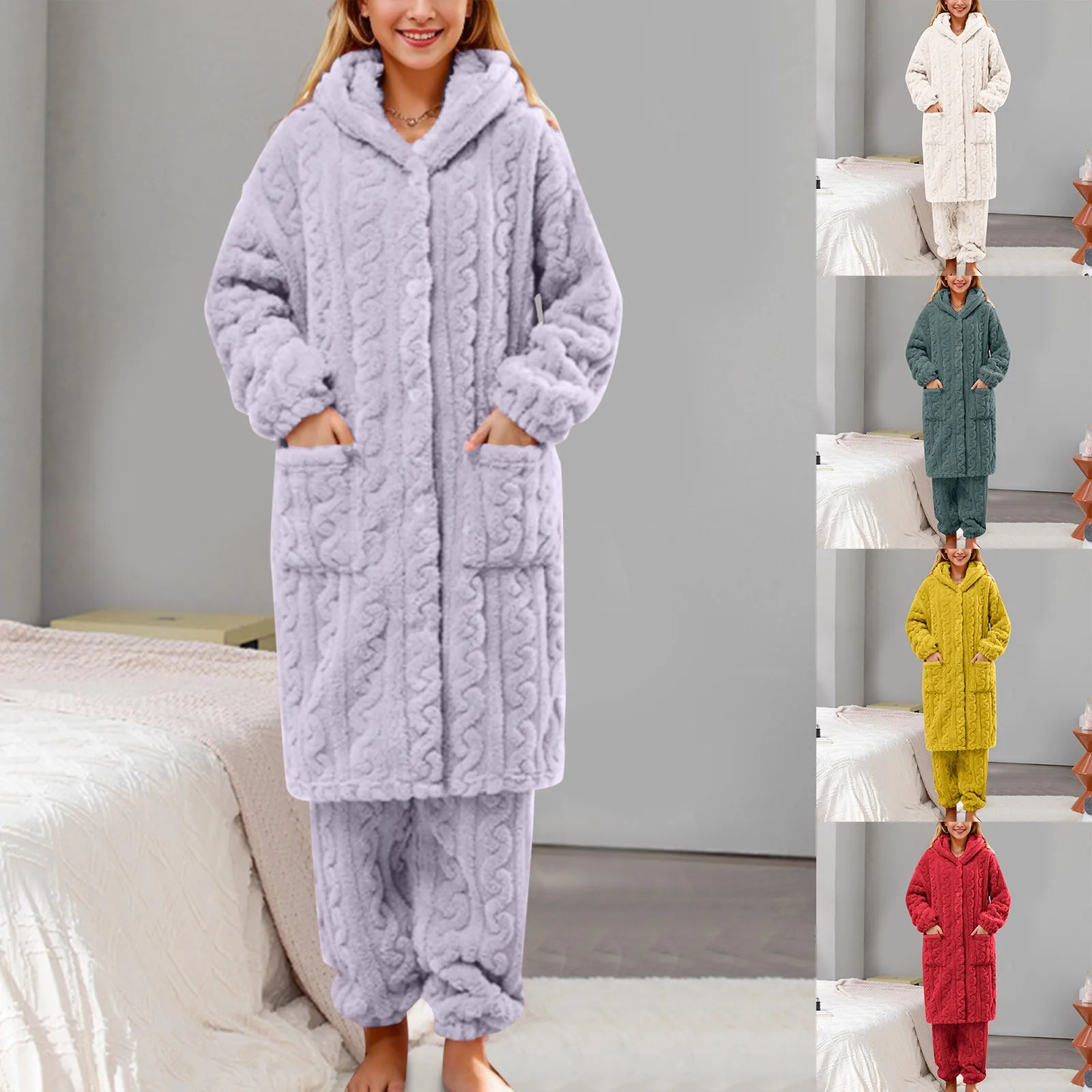 

Women Fuzzy Pajama Set Warm Fluffy Long Sleeve Sleepwear h Loungewear Thermal Nightwear With Pockets