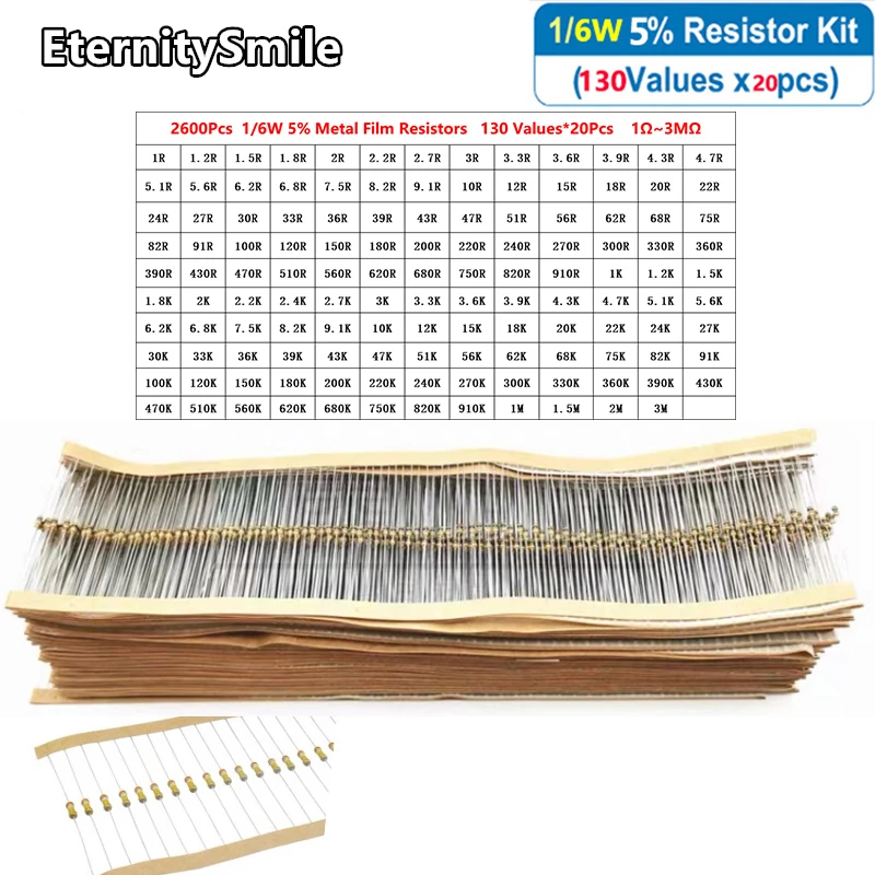 

2600Pcs/Pack 130 Values 1/6W 5% Metal Film Resistors Kit 1Ohm-10Ohm-910Ohm-1k-910K-3M High Precision Resistance Set Assortment