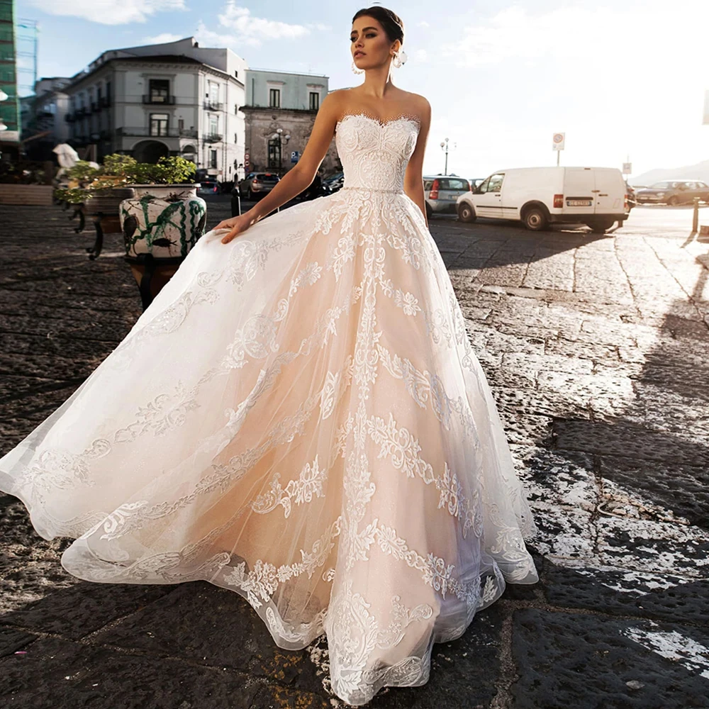 

O-Neck Lace Wedding Dresses Strapless Abito Da Sposa Beading Appliques Brautkleid Hochzeitskleid Luxury Robes De Mariage