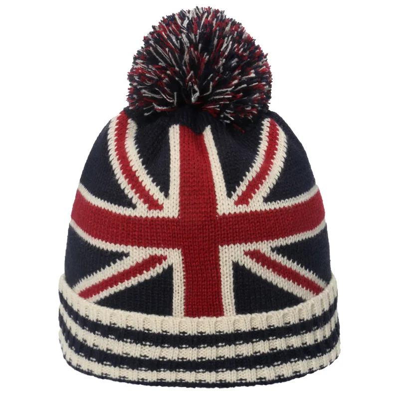 

British Flag Beanie Adults Knit Caps Pom-Pom Wool hat Soft Classic Stretchy Ski Beanie Cap Winter Warm Hats Rolled Cuff Cap