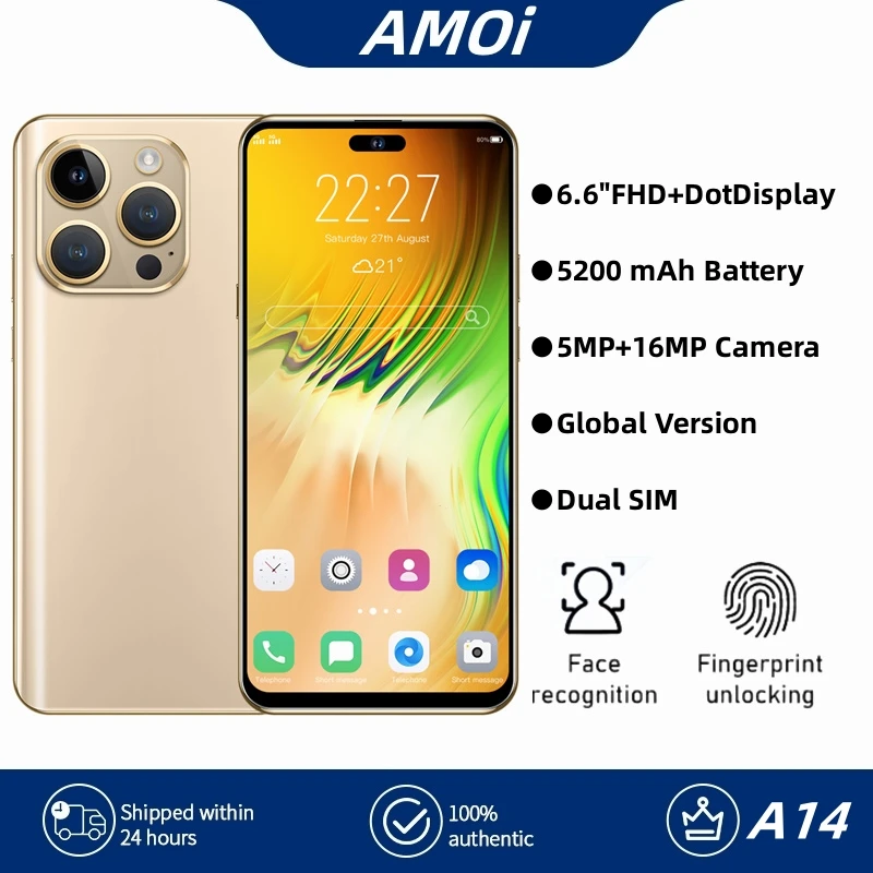 Amoi A14 Smartphone 2GB+16GB 6.6" HD Screen 5200mAh Battery Phone 5MP+16MP Cam Support Face ID + Fingerprint Unlock Mobile Phone
Amoi A14 Smartphone 2GB+16GB 6.6" HD Screen 5200mAh Battery Phone 5MP+16MP Cam Support Face ID + Fingerprint Unlock Mobile Phone