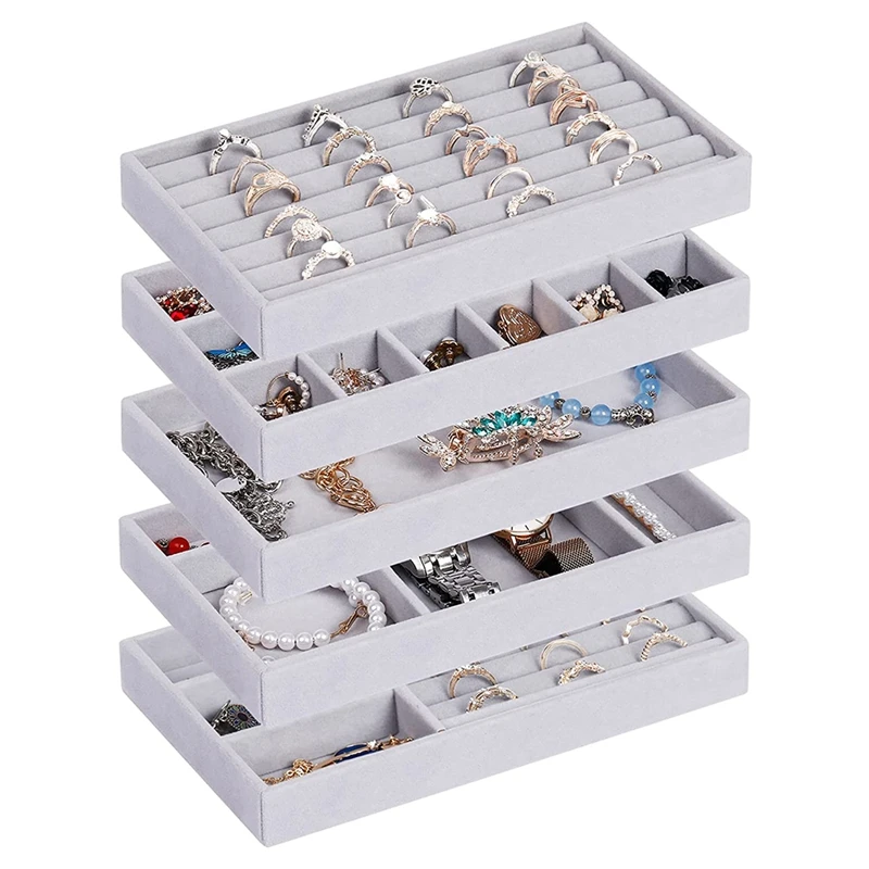 Jewelry Organizer Tray, 5 Pcs Stackable Velvet Jewelry Organizer For Drawer, Jewelry Storage Display Trays Showcase 
Jewelry Organizer Tray, 5 Pcs Stackable Velvet Jewelry Organizer For Drawer, Jewelry Storage Display Trays Showcase