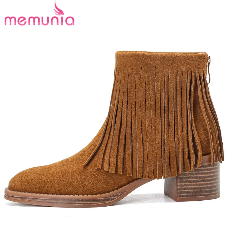 

MEMUNIA 2023 New Cow Suede Leather Winter Boots Fringe Square High Heels Boots Ladies Round Toe Zipper Ankle Boots