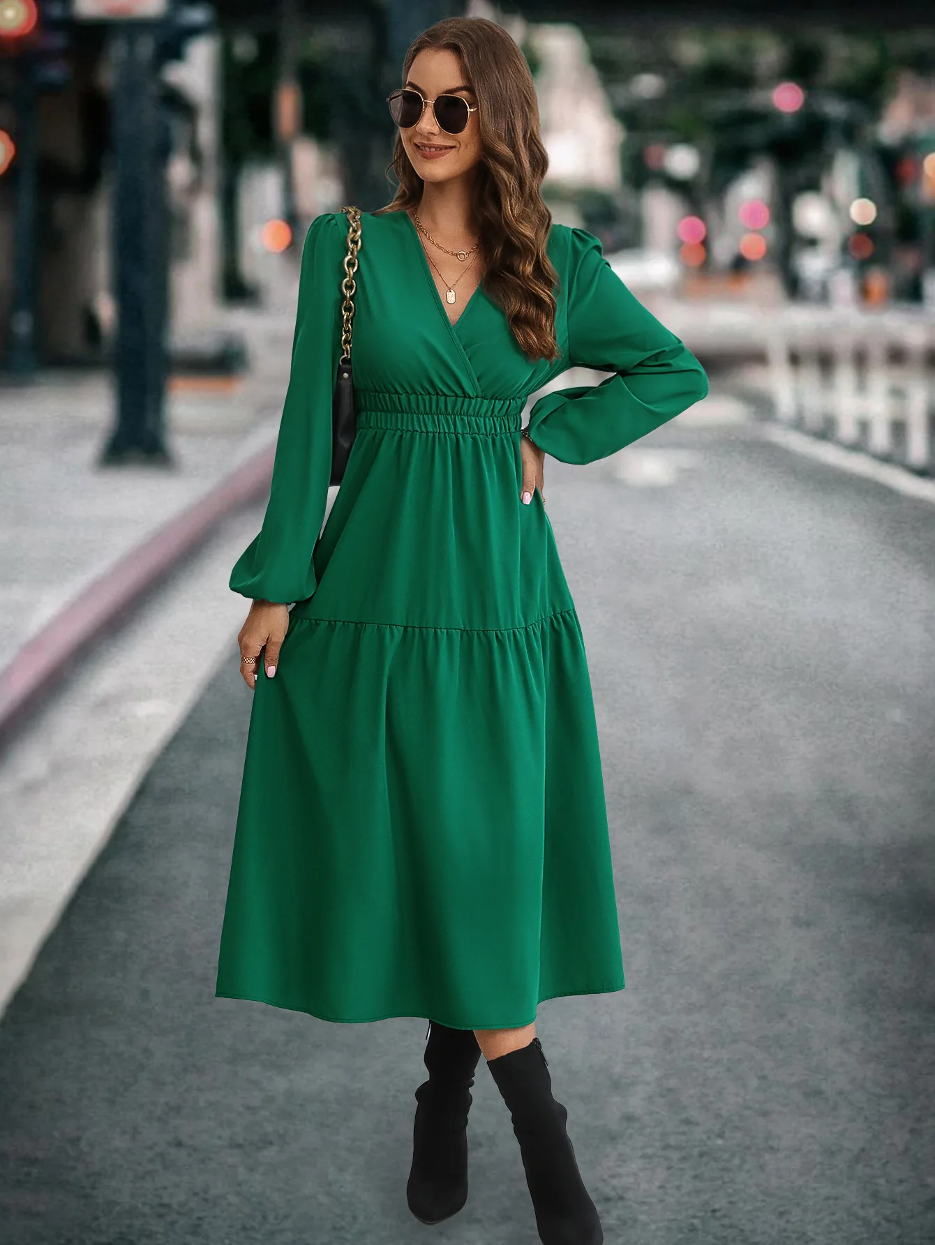 Elegant Women's V-neck Sexy Long Sleeved Dresses Autumn Office Lady Solid Color Casual Dress Vestido Evening Dress Robe Femme 
Elegant Women's V-neck Sexy Long Sleeved Dresses Autumn Office Lady Solid Color Casual Dress Vestido Evening Dress Robe Femme