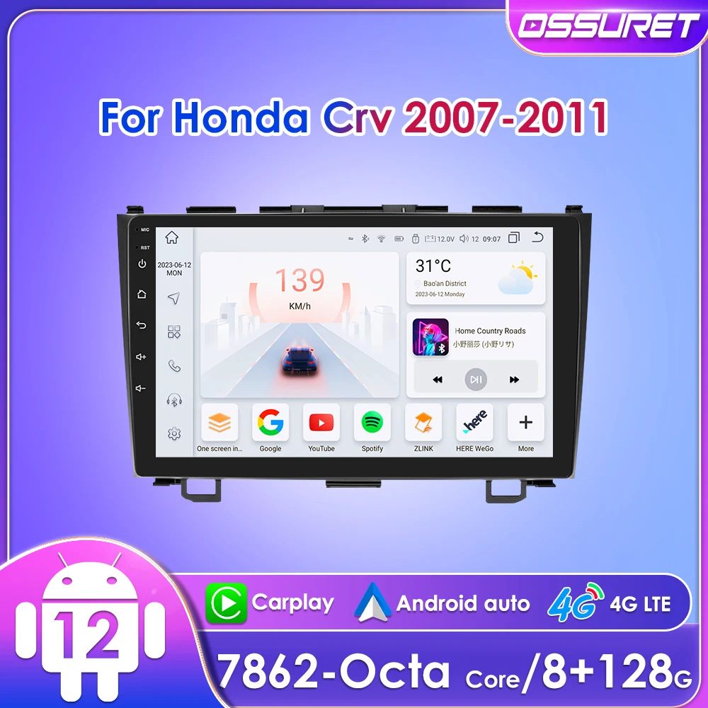

9" Ossuret 2Din Android12 Car radio for Honda CRV CR-V 2007 - 2011 Multimedia UI7862 GPS Navigation 4G BT CarPlay RDS DSP SWC