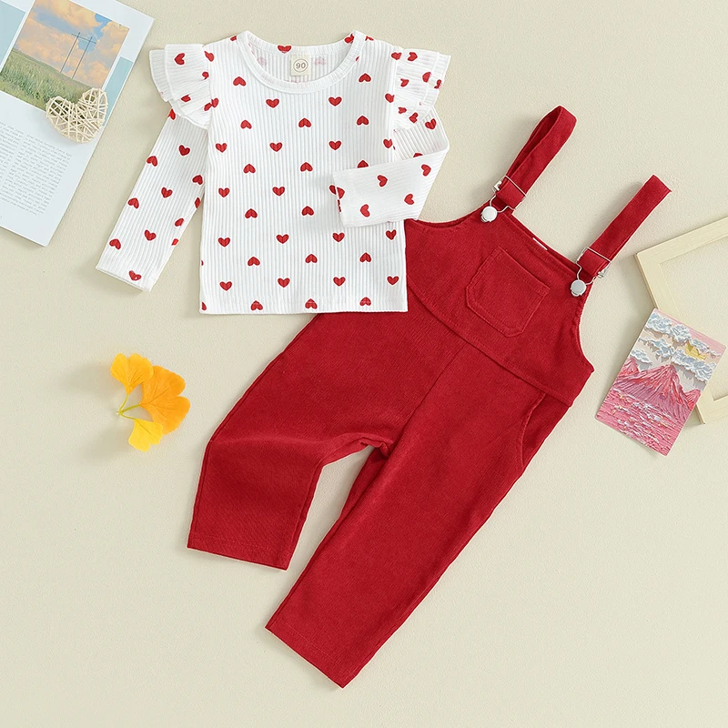 

Suefunskry Toddler Girls Valentine's Day Outfits Heart Print Crew Neck Long Sleeve Tops Suspender Pants Overalls 2Pcs Spring Set