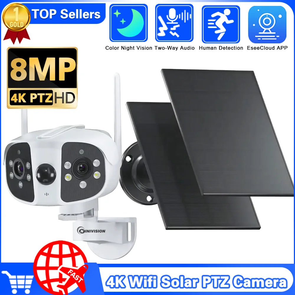 4K 180° Wide Angle Dual Lens Dual Solar Panels Camera 8MP WIFI Wireless Security Outdoor Built-in Battery Video Surveillance Cam
4K 180° Wide Angle Dual Lens Dual Solar Panels Camera 8MP WIFI Wireless Security Outdoor Built-in Battery Video Surveillance Cam