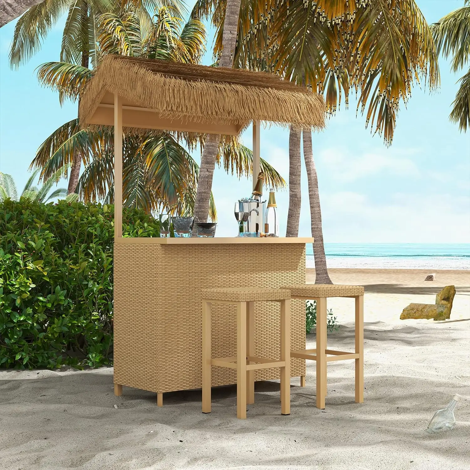 

Outdoor Tropical Paradise Tiki Bars, Phuket 3 Piece All Weather Resin Wicker Steel Islander Tiki Bar and 2 Stools with Ceramic