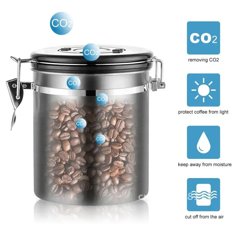 

Steel Airtight Coffee Canister Set Storage Container Coffee jar Canister With Scoop For Coffee Beans Tea 1.5L Stainless Tools